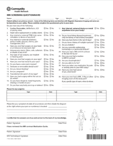 MRI screening questionnaire