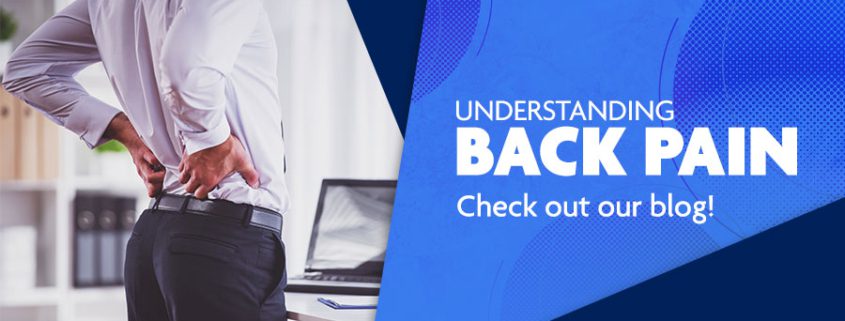 Man cracking his back with ad image copy saying 'Understanding back pain! Check out our blog!'