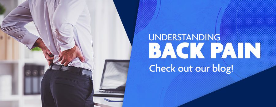 Man cracking his back with ad image copy saying 'Understanding back pain! Check out our blog!'